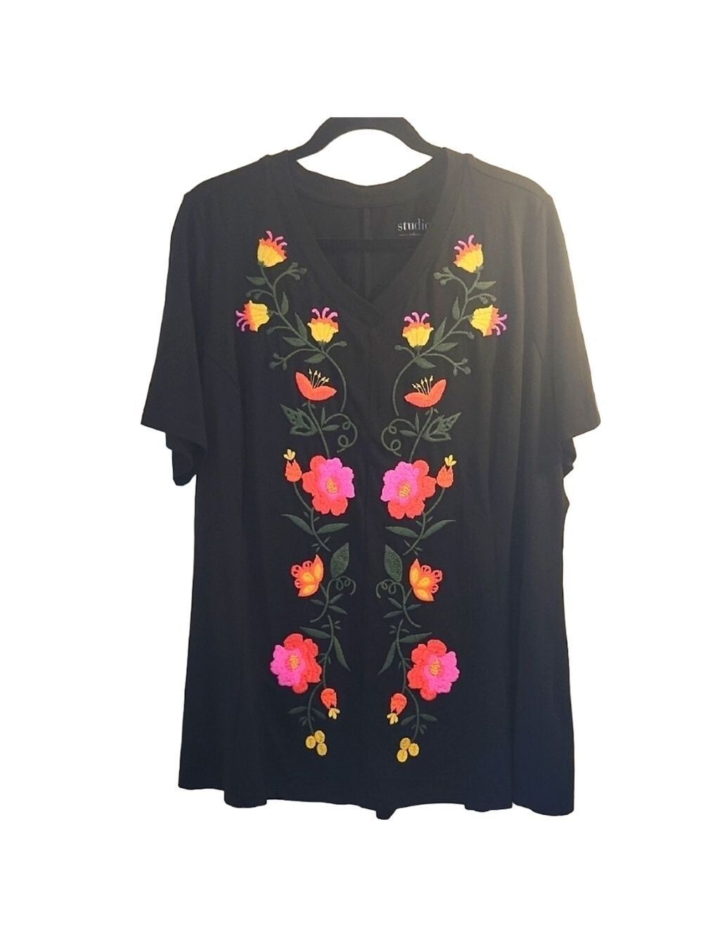 Embroidered Rose Black TShirt Short Sleeve 1X Soft Modal VNeck Tunic